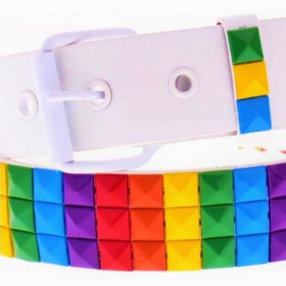 LGBTQ PRIDE WHITE LEATHER RAINBOW PYRAMID BELT